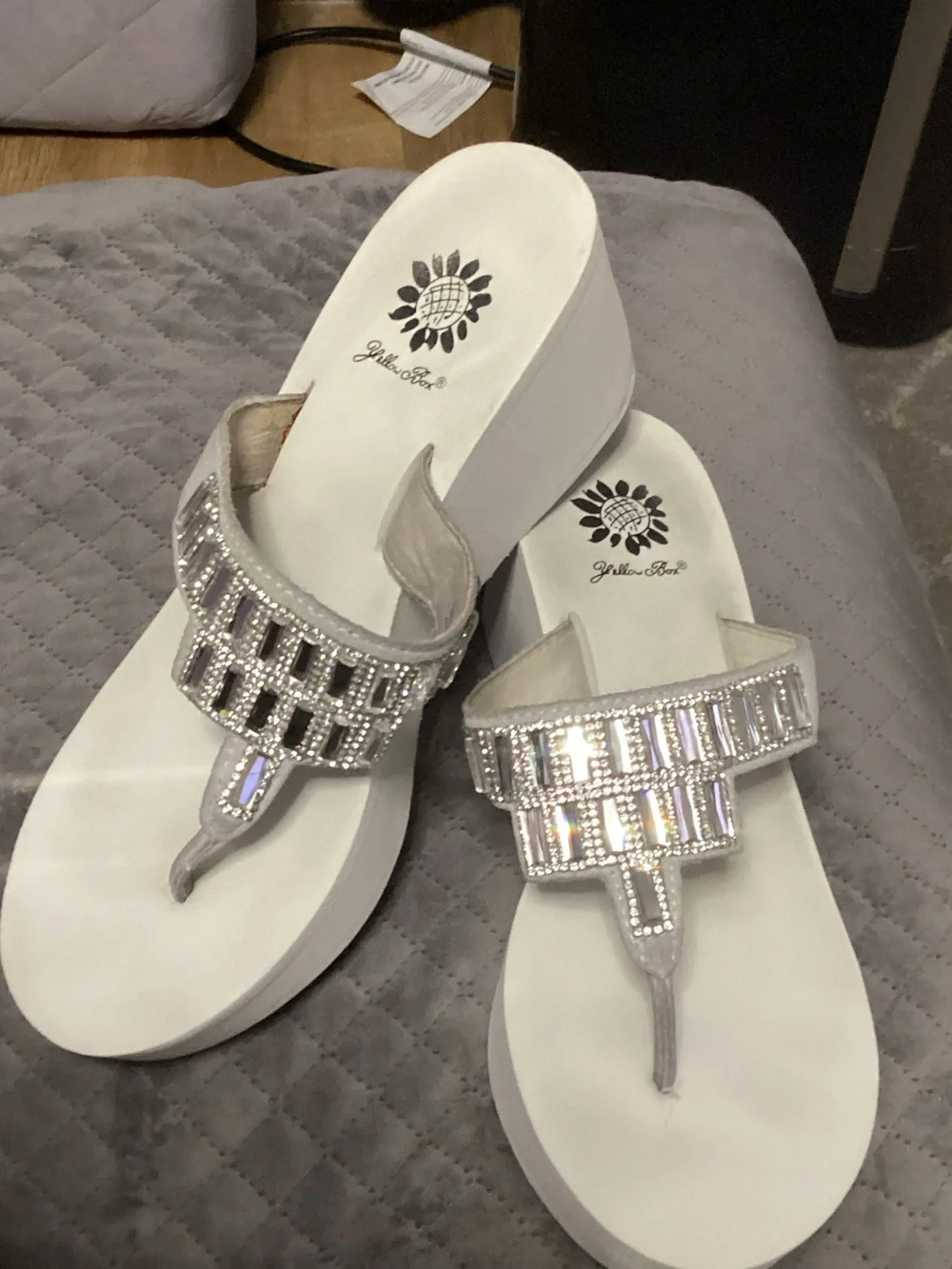 Women's Yellow Box - White Wedge Thong Sandals - size 8.5